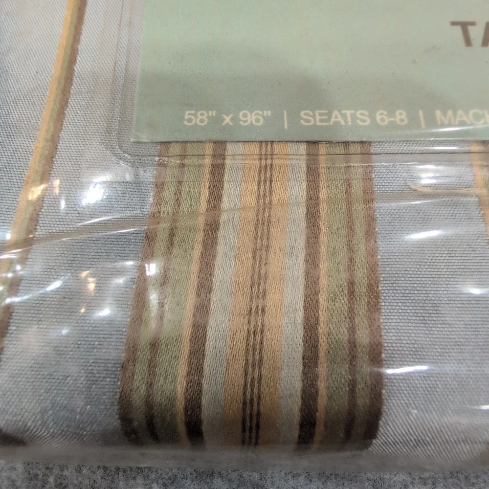 Rodeo Home Table Cloth Rectangular Striped Moss Aqua Tan Seats 6-8 New - Picture 2 of 3